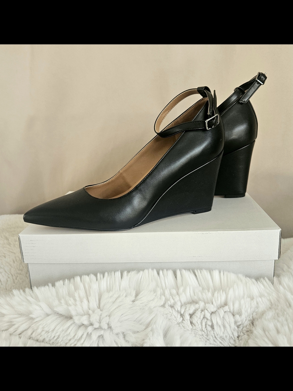 Nordstrom Black Pointed-Toe Ankle-Strap Wedge Pumps